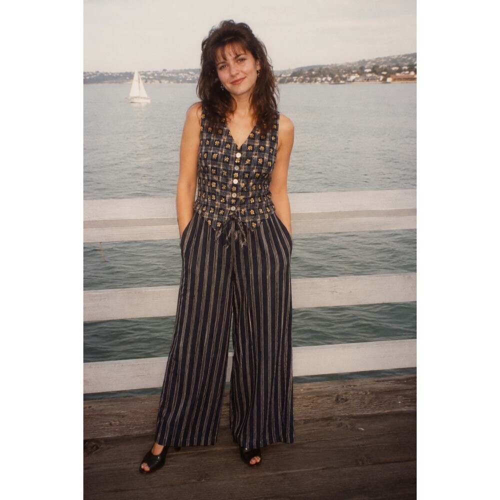 Vintage 90s Amy Too Byer California Floral Stripe Rayon Wide Leg Jumpsuit Sz 10